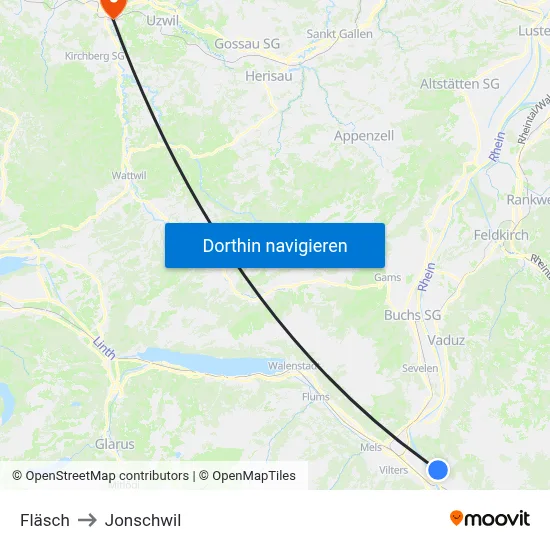 Fläsch to Jonschwil map