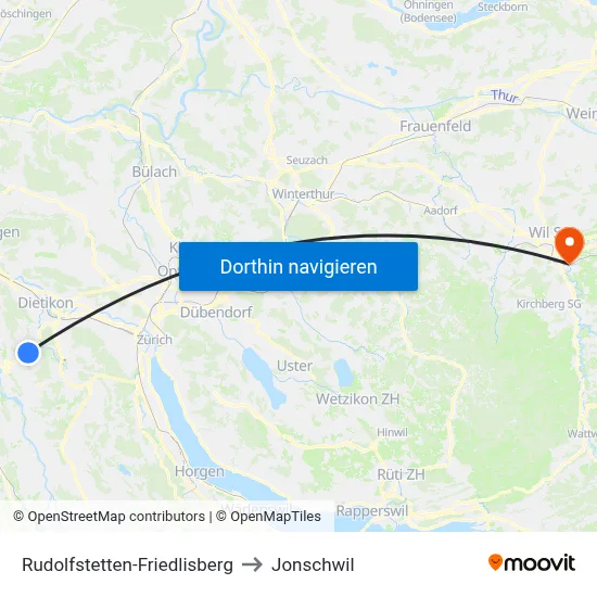 Rudolfstetten-Friedlisberg to Jonschwil map