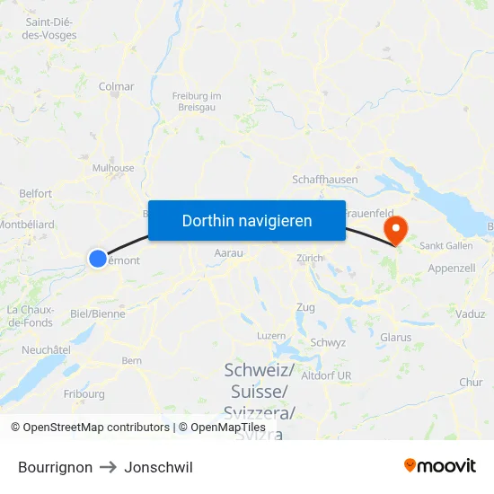 Bourrignon to Jonschwil map