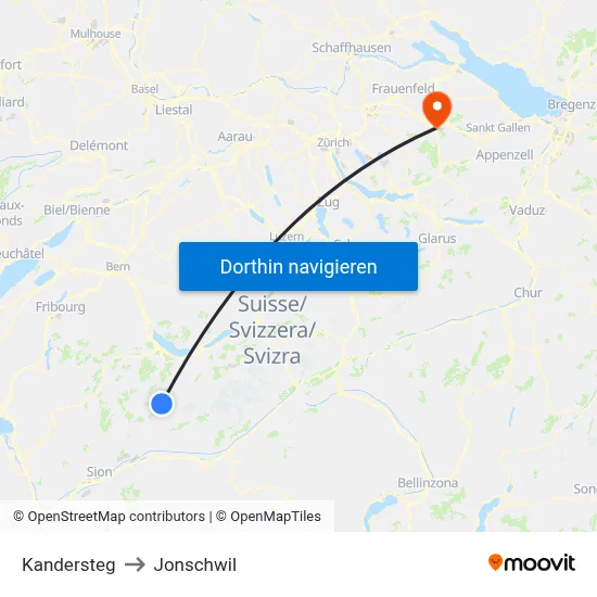 Kandersteg to Jonschwil map