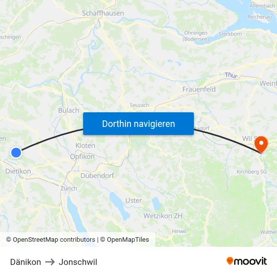 Dänikon to Jonschwil map