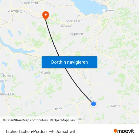Tschiertschen-Praden to Jonschwil map