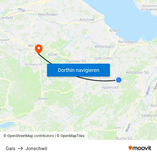 Gais to Jonschwil map