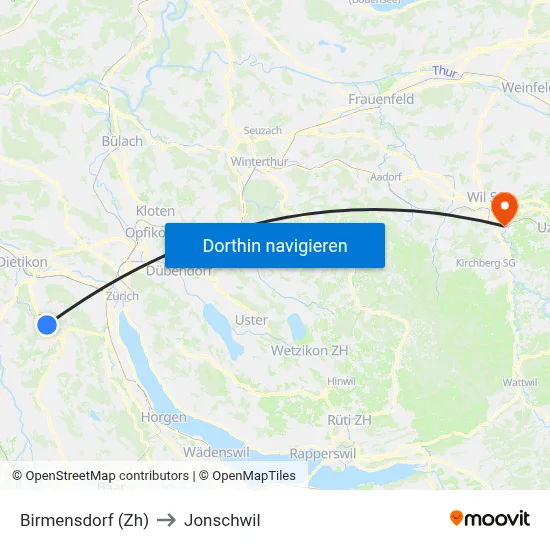 Birmensdorf (Zh) to Jonschwil map
