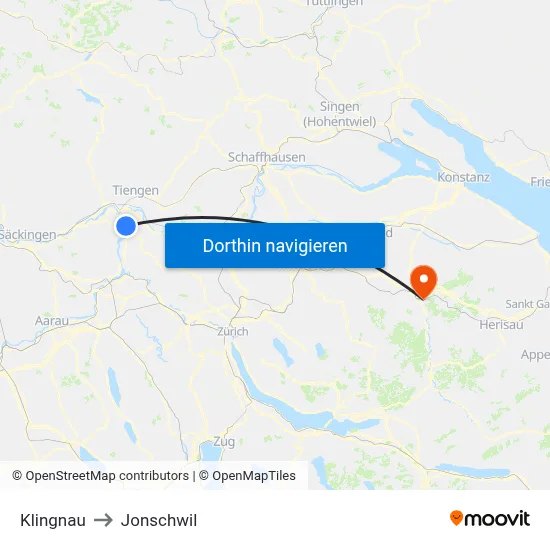 Klingnau to Jonschwil map
