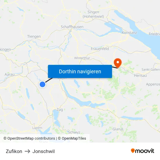 Zufikon to Jonschwil map