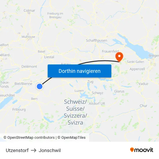Utzenstorf to Jonschwil map