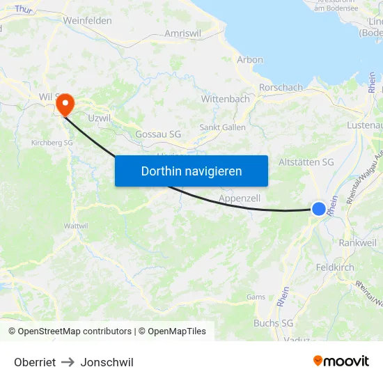 Oberriet to Jonschwil map