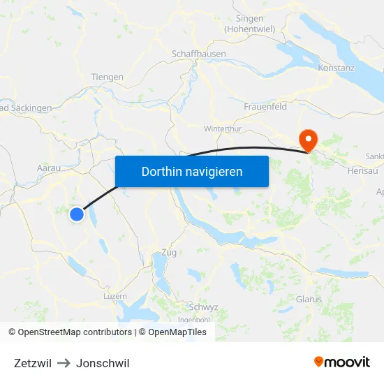 Zetzwil to Jonschwil map