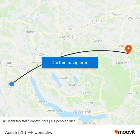 Aesch (Zh) to Jonschwil map