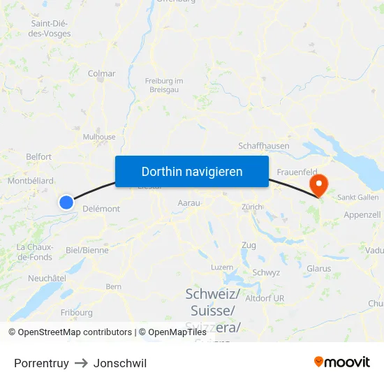Porrentruy to Jonschwil map