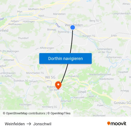 Weinfelden to Jonschwil map