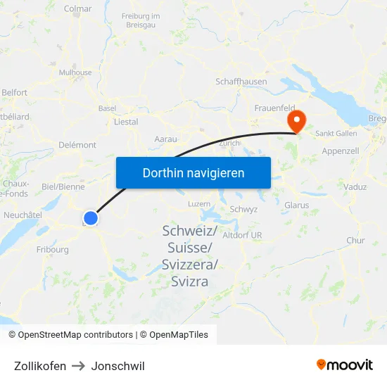 Zollikofen to Jonschwil map