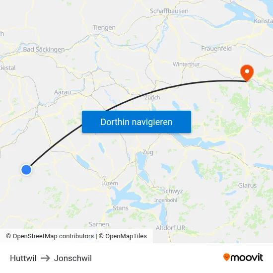 Huttwil to Jonschwil map