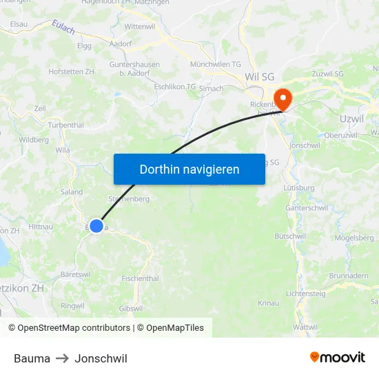 Bauma to Jonschwil map