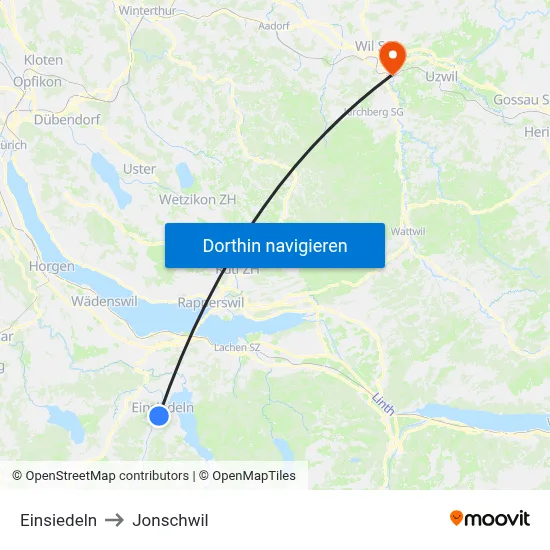 Einsiedeln to Jonschwil map