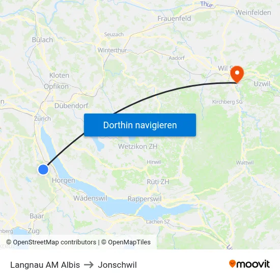 Langnau AM Albis to Jonschwil map