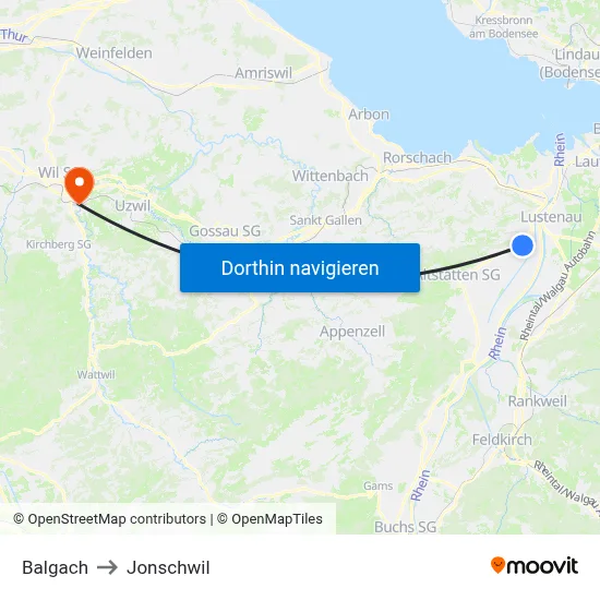 Balgach to Jonschwil map