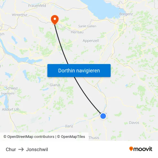 Chur to Jonschwil map