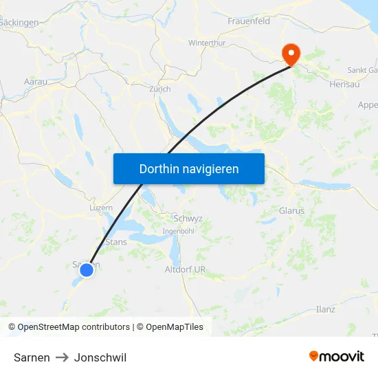 Sarnen to Jonschwil map