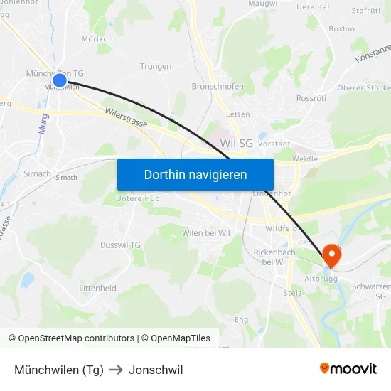 Münchwilen (Tg) to Jonschwil map