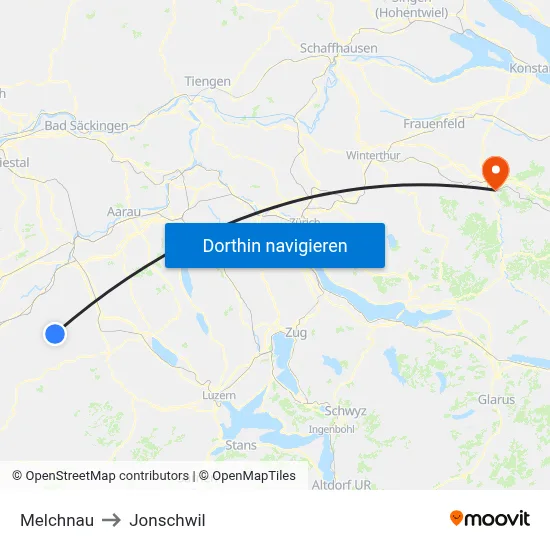 Melchnau to Jonschwil map