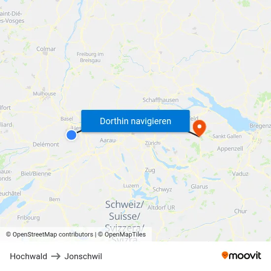 Hochwald to Jonschwil map