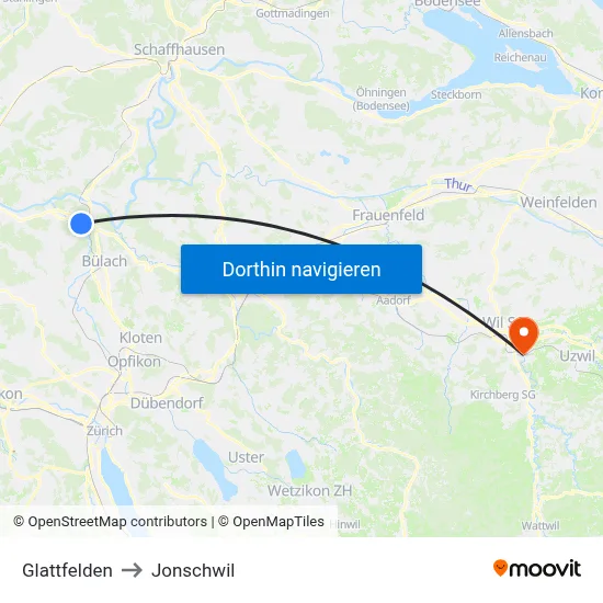 Glattfelden to Jonschwil map