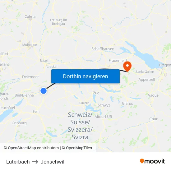 Luterbach to Jonschwil map