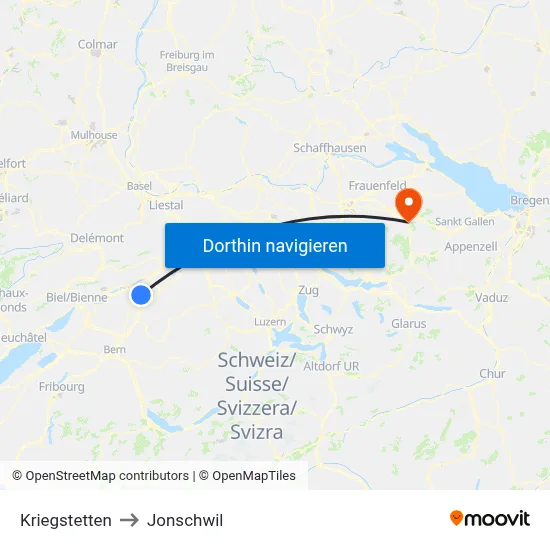 Kriegstetten to Jonschwil map