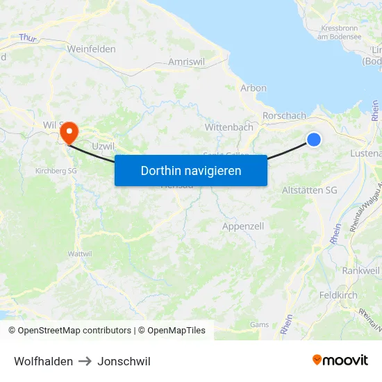 Wolfhalden to Jonschwil map
