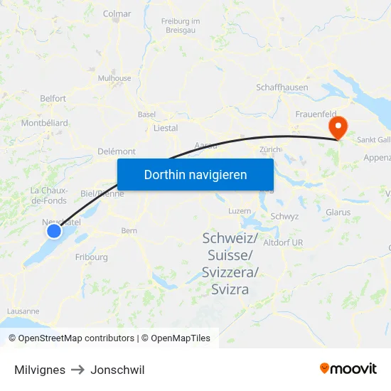 Milvignes to Jonschwil map