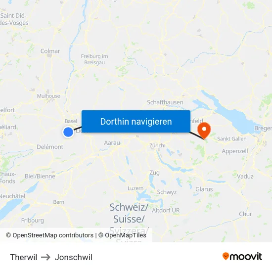 Therwil to Jonschwil map
