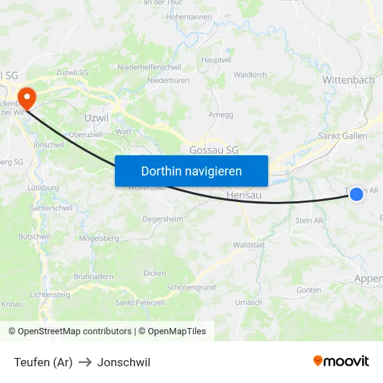 Teufen (Ar) to Jonschwil map