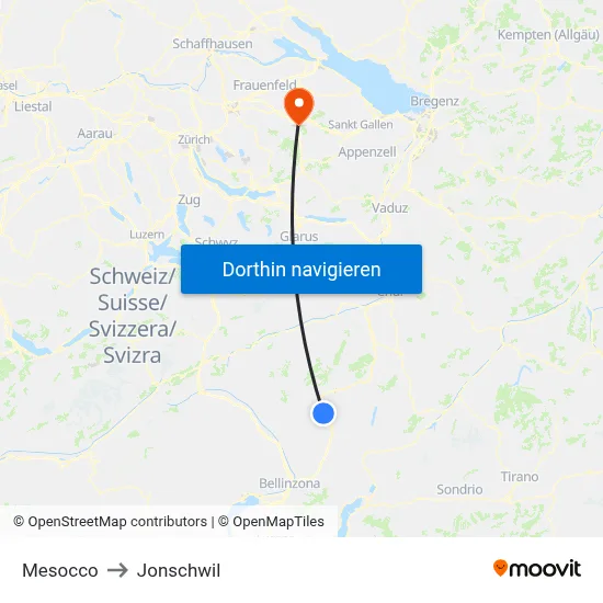 Mesocco to Jonschwil map