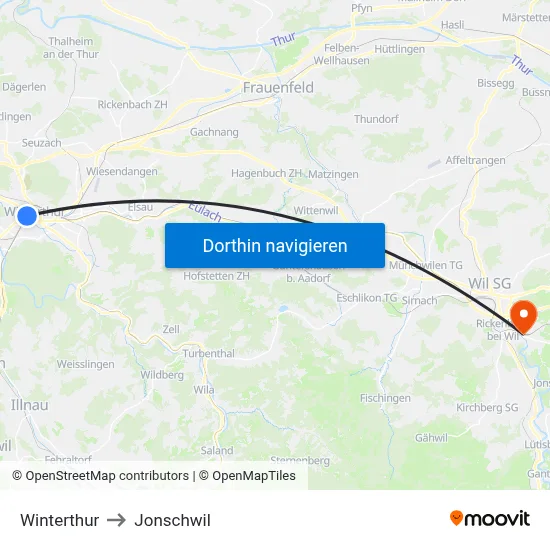 Winterthur to Jonschwil map