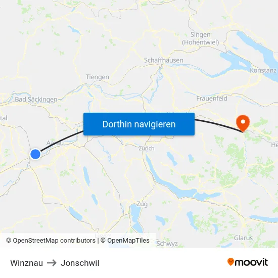 Winznau to Jonschwil map