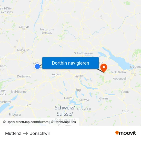 Muttenz to Jonschwil map