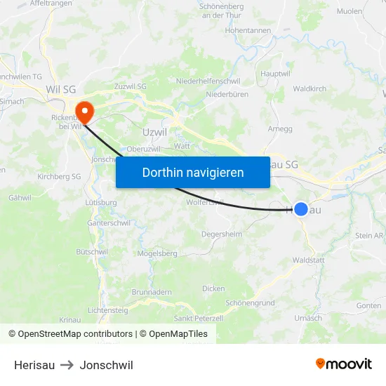 Herisau to Jonschwil map