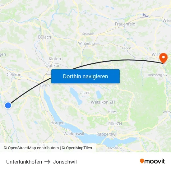 Unterlunkhofen to Jonschwil map