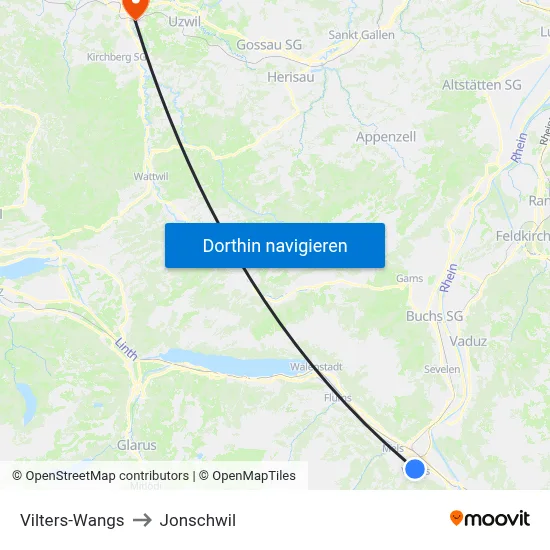 Vilters-Wangs to Jonschwil map