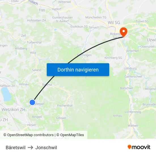 Bäretswil to Jonschwil map