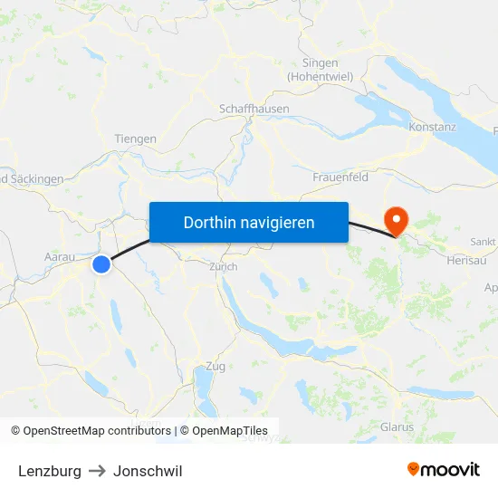 Lenzburg to Jonschwil map