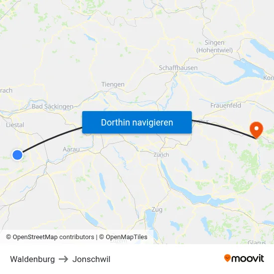 Waldenburg to Jonschwil map