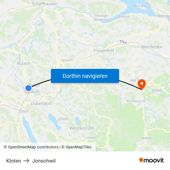 Kloten to Jonschwil map