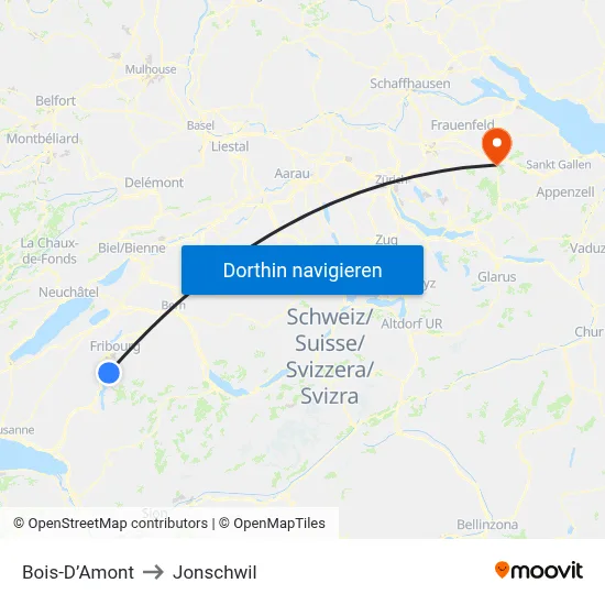 Bois-D’Amont to Jonschwil map