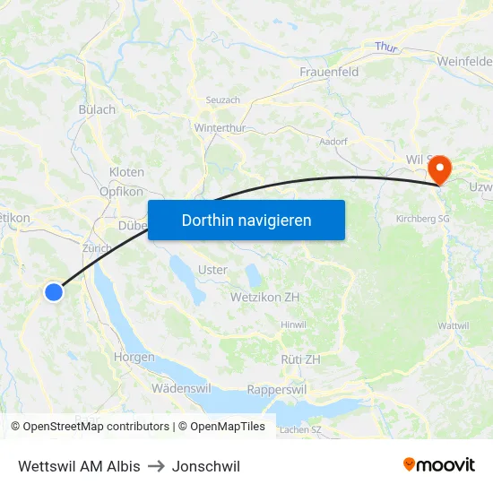 Wettswil AM Albis to Jonschwil map