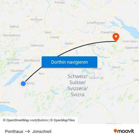 Ponthaux to Jonschwil map