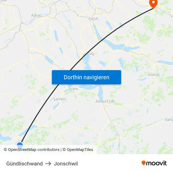 Gündlischwand to Jonschwil map
