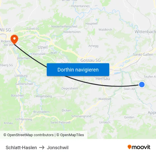 Schlatt-Haslen to Jonschwil map